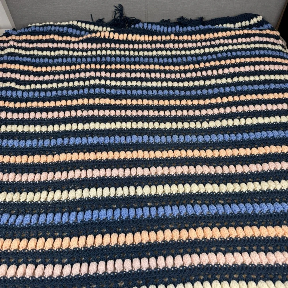 Vtg Colorful Fringe Bobble Crochet Knit Heavy Blanket Afghan 76